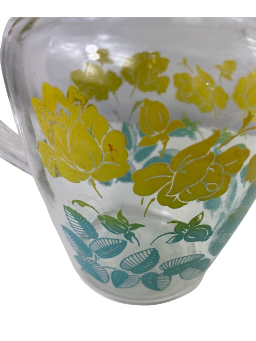 Vintage Federal Glass Pitcher Yellow Flowers Green Leaves Ice Lip Pour Spout - Picture 11 of 12
